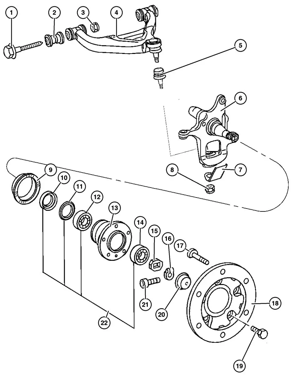 Sprinter T1N Front Control Arms, Knuckles, Bearings, and Hubs Diagram